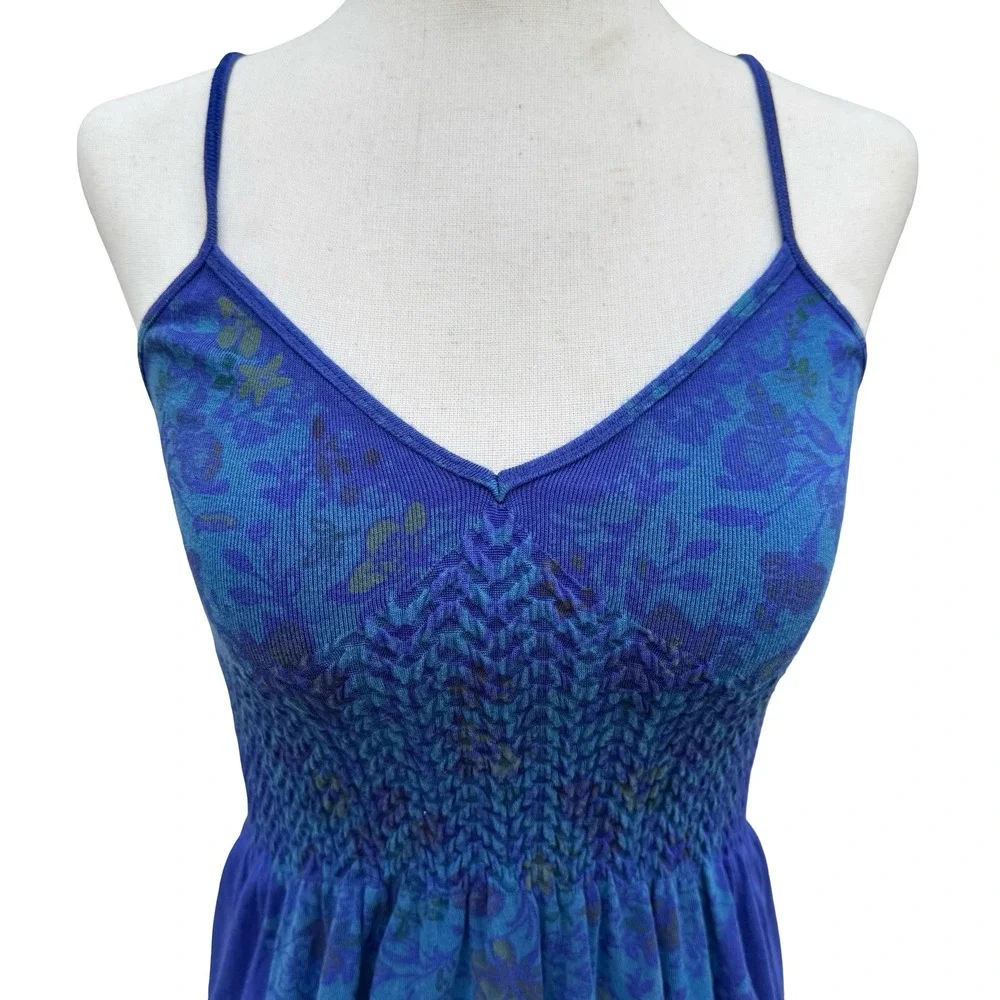 M Rena Blue Floral Damask Smocked Bodice Cami Mini Dress Indie Boho Festival S/M